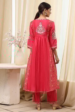 Coral-Red Silk Chanderi Gathered Suit Set image number 4