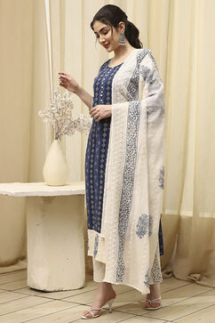 Navy Blue Cotton Handloom Unstitched Suit Set image number 4