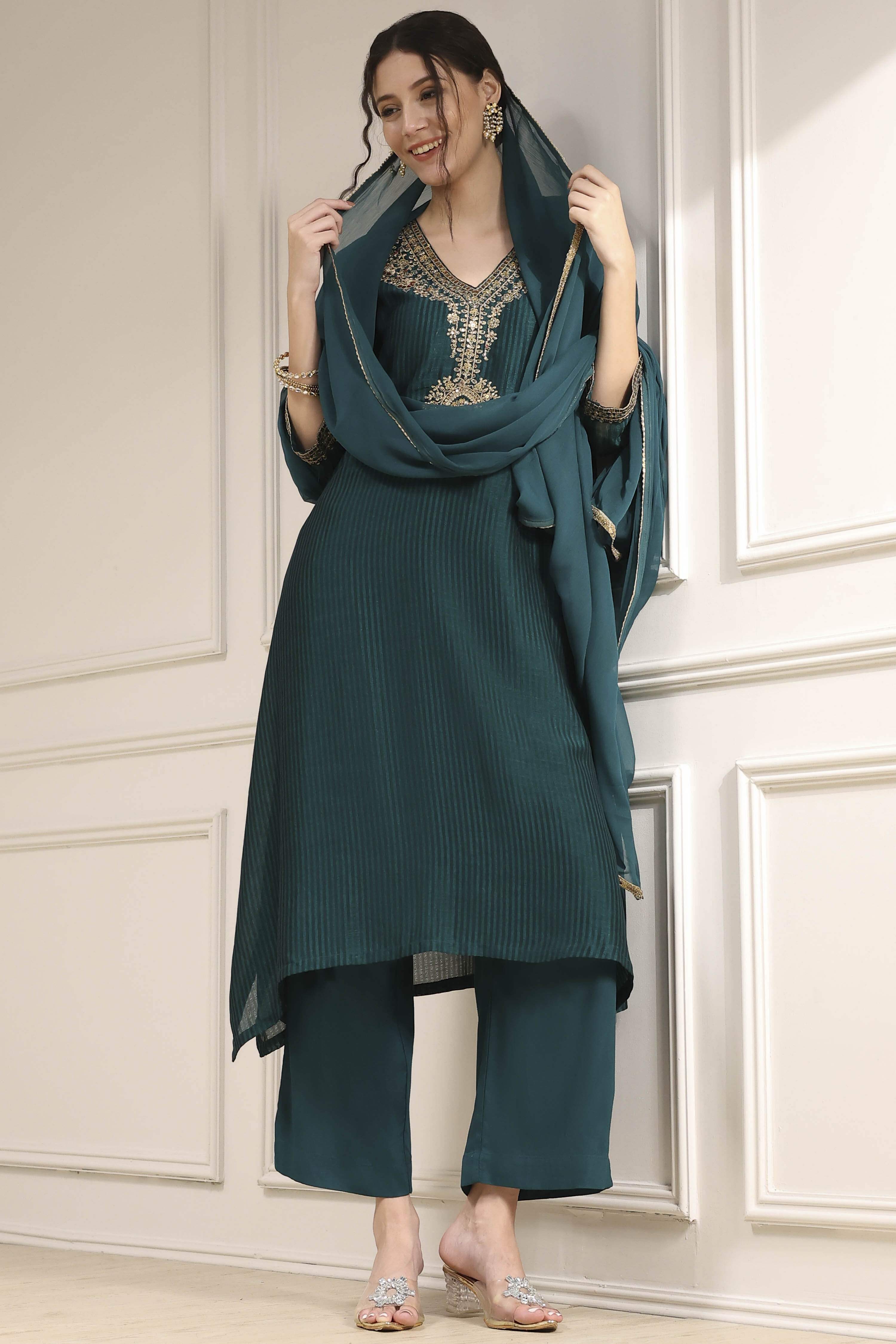 Green Striped Straight Suit Set image number 7