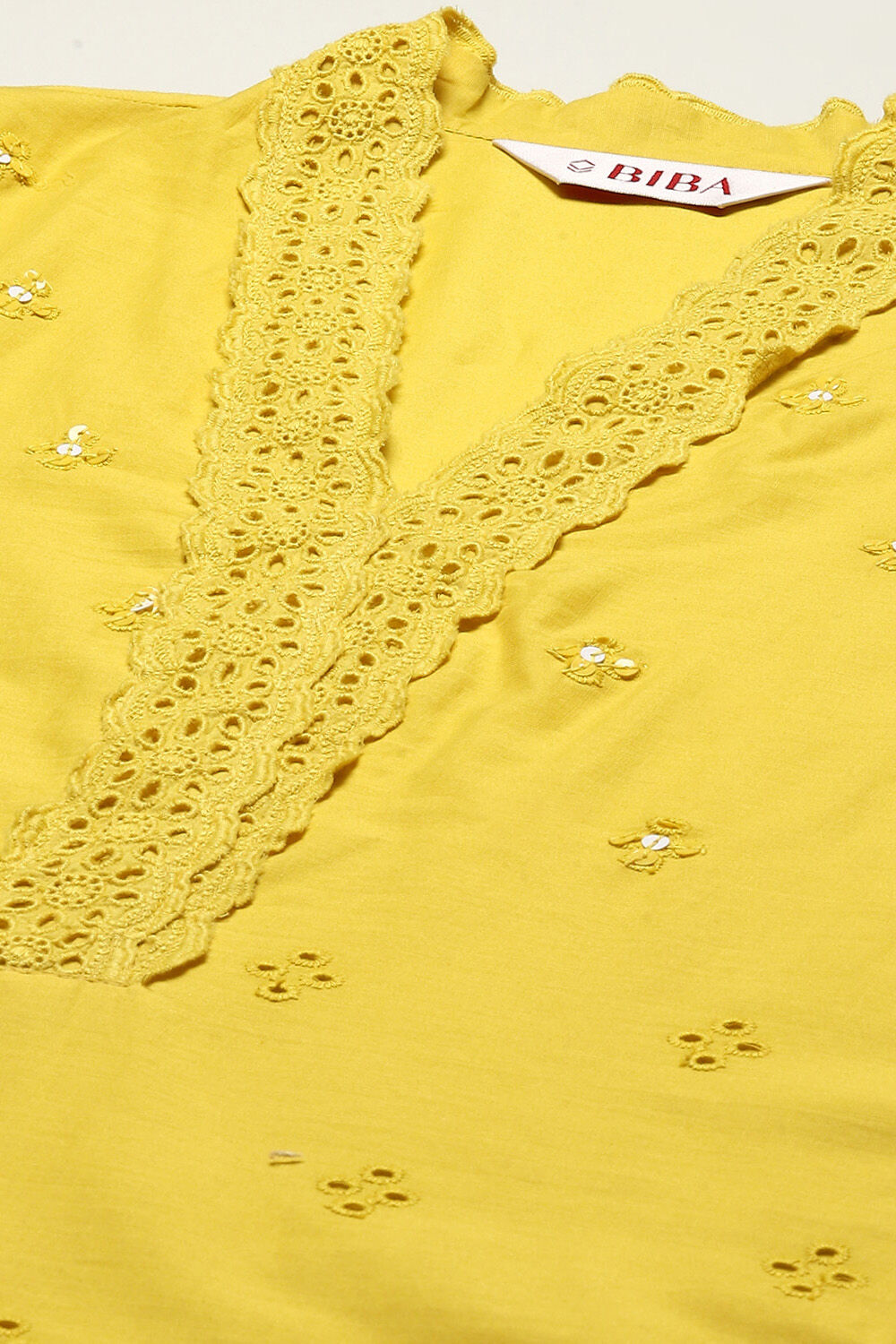 Lime Yellow Cotton Schiffli Straight Suit Set image number 1