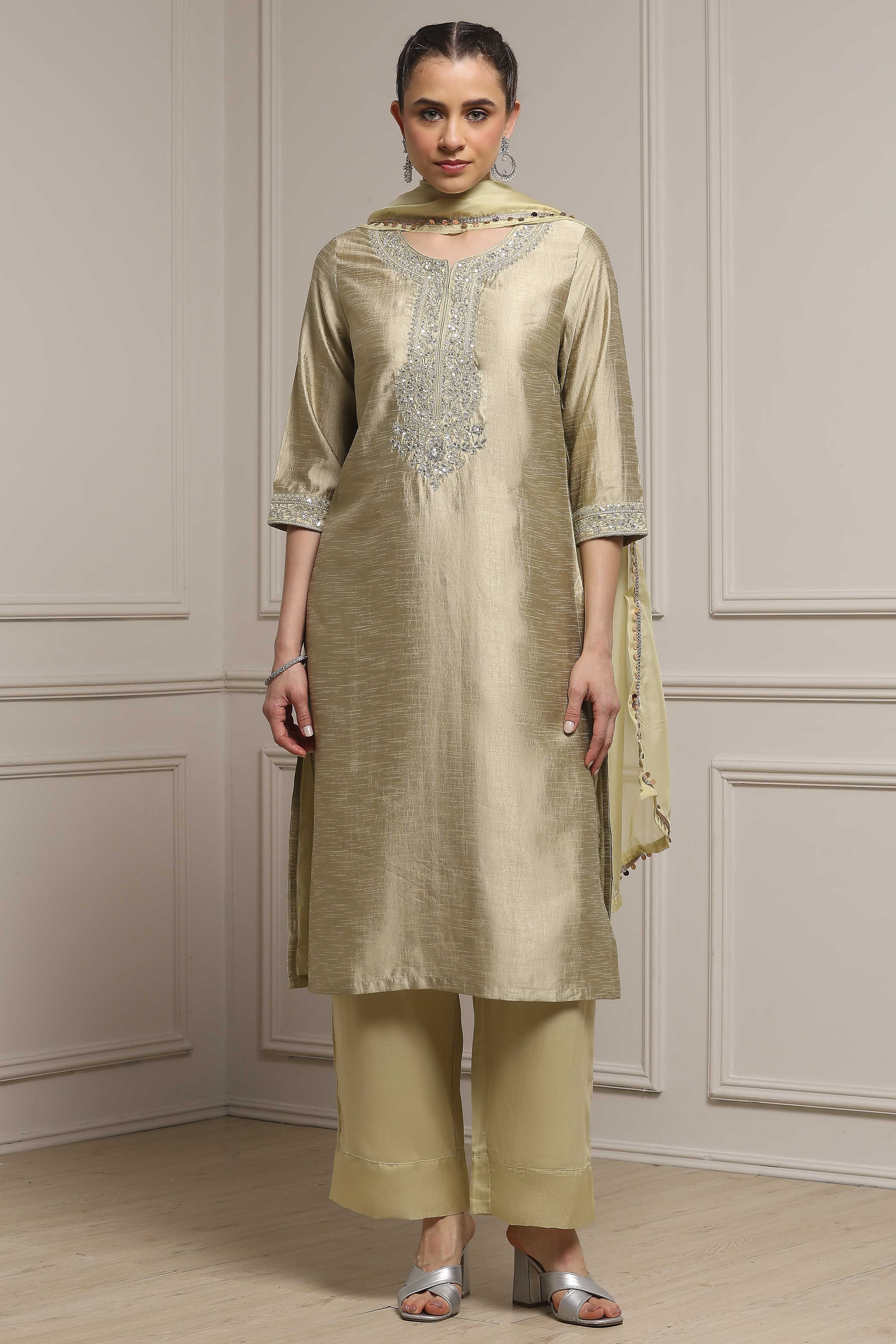 Light Green Art Silk Embroidered Straight Suit Set image number 6