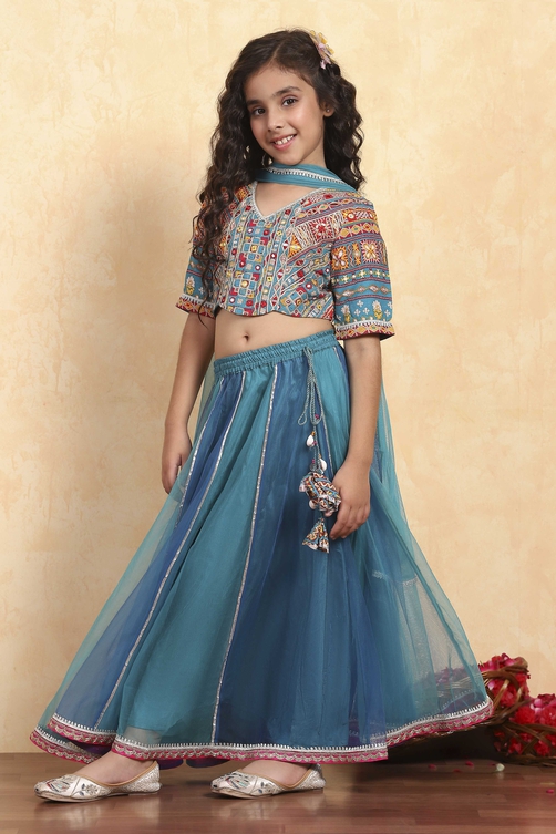 Blue Cotton Printed Kalidar Lehenga Set image number 0