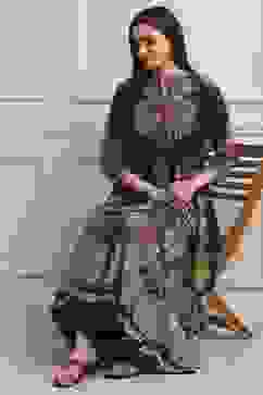 Charcoal Cotton Kalidar Printed Kurta Pants Set image number 6