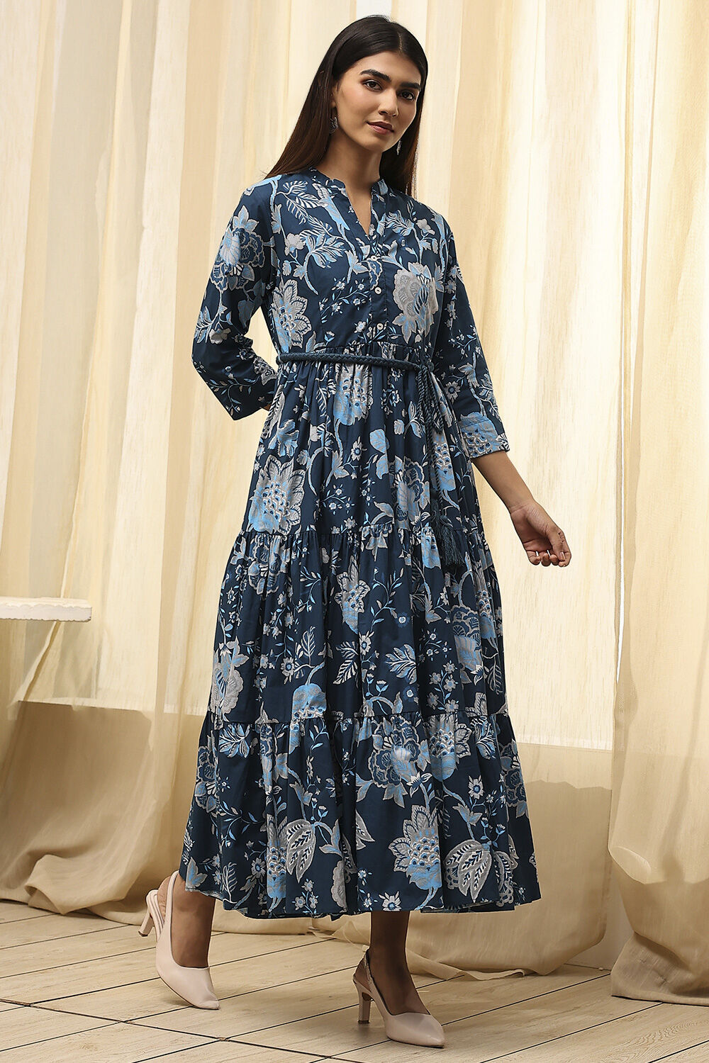 Earthy Blue Cotton Floral Tiered Dress image number 3