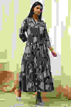 Earthy Blue Cotton Floral Tiered Dress image number 3