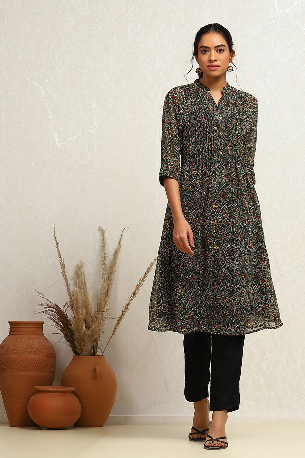 Green Georgette Printed A-Line Kurta image number 0