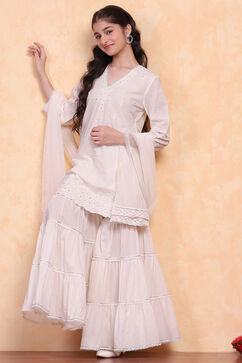 Off White Cotton Sharara Suit Set image number 6