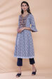 Blue Cotton A-line Printed Kurta image number 2