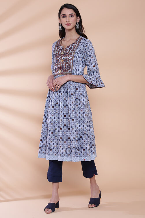Blue Cotton A-line Printed Kurta image number 2