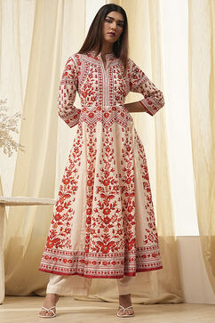 White and Rust Cotton Printed Anarkali Kurta Set image number 0