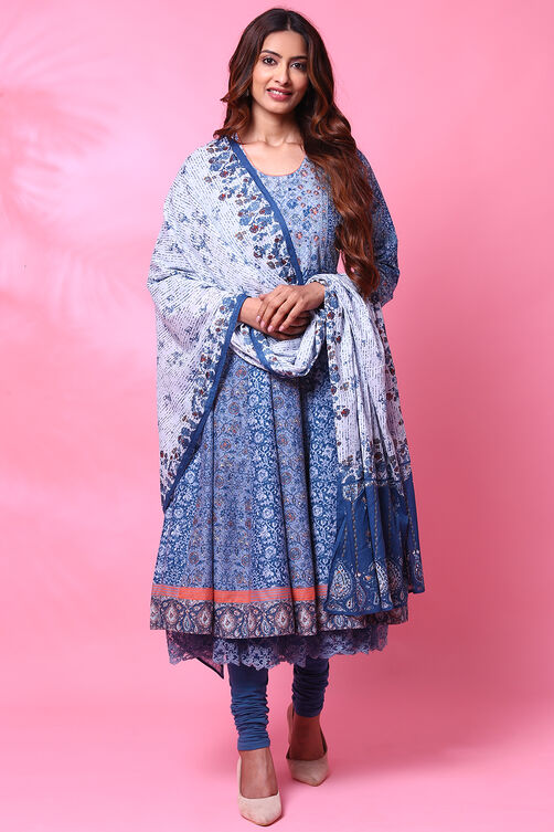 Grey Cotton Anarkali Kurta Churidar Suit Set image number 4