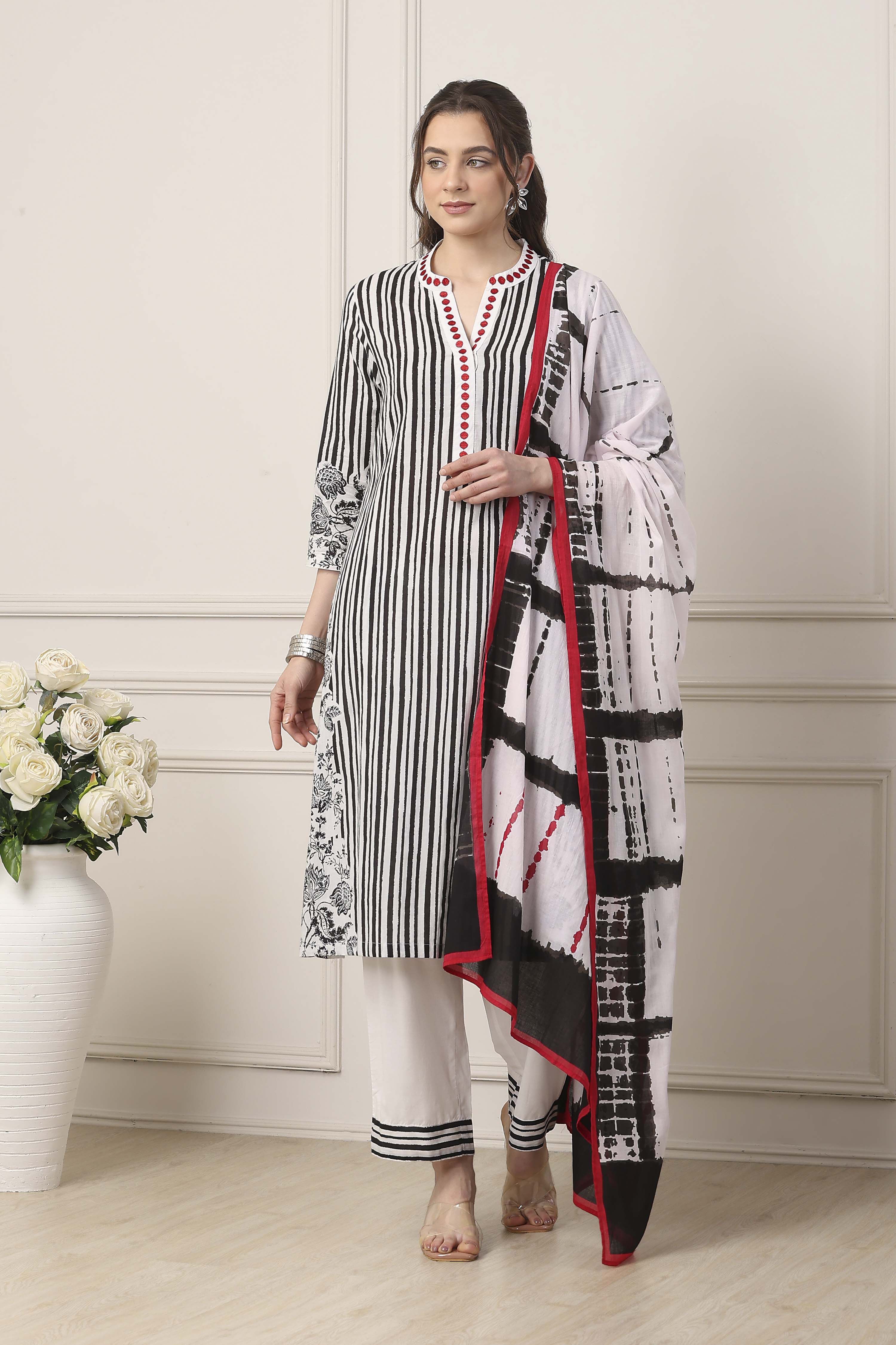 Black Cotton Floral Striped Straight Suit Set image number 6