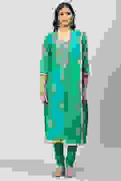Turquoise Art Silk Straight Kurta Churidar Suit Set image number 8