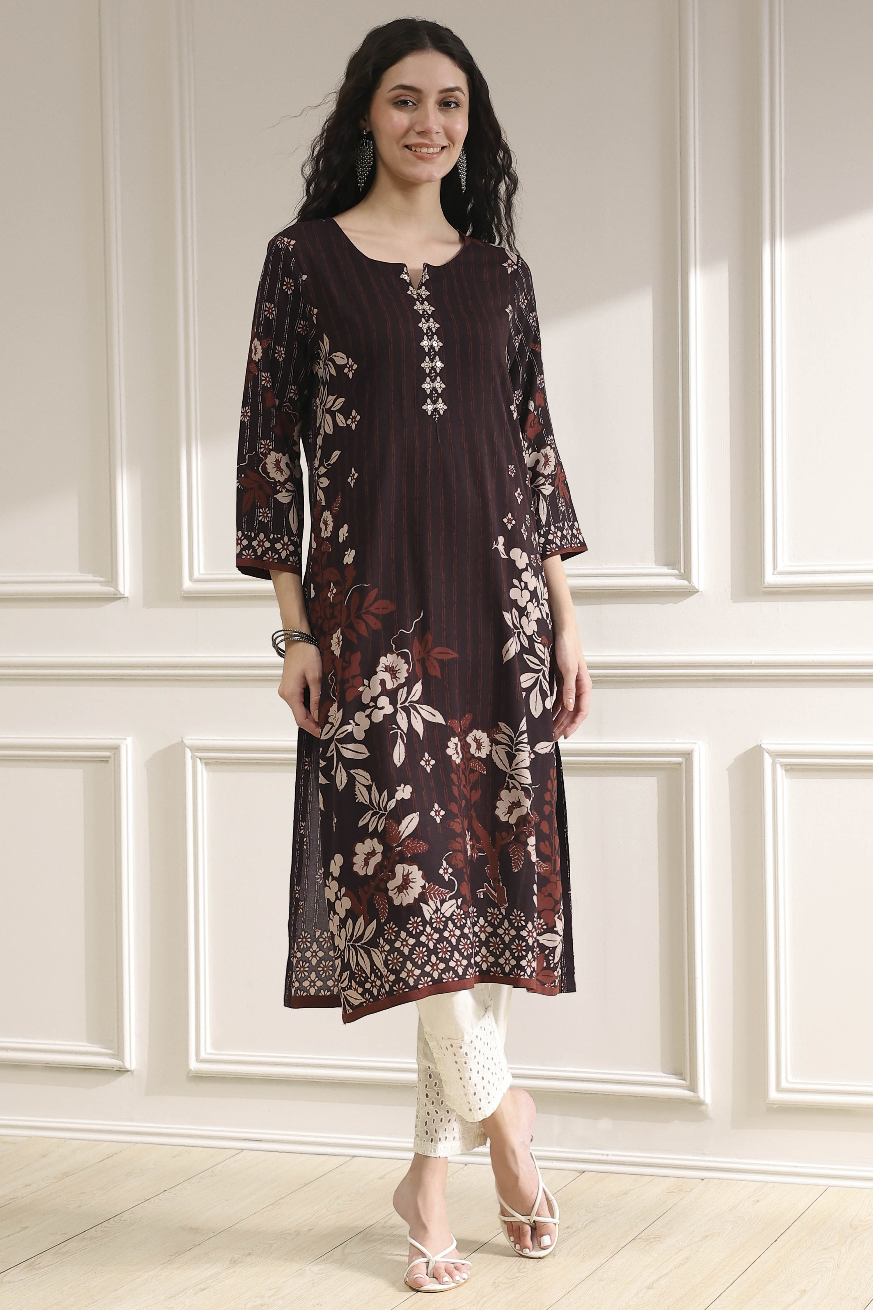 Brown Printed Straight Kurta image number 0