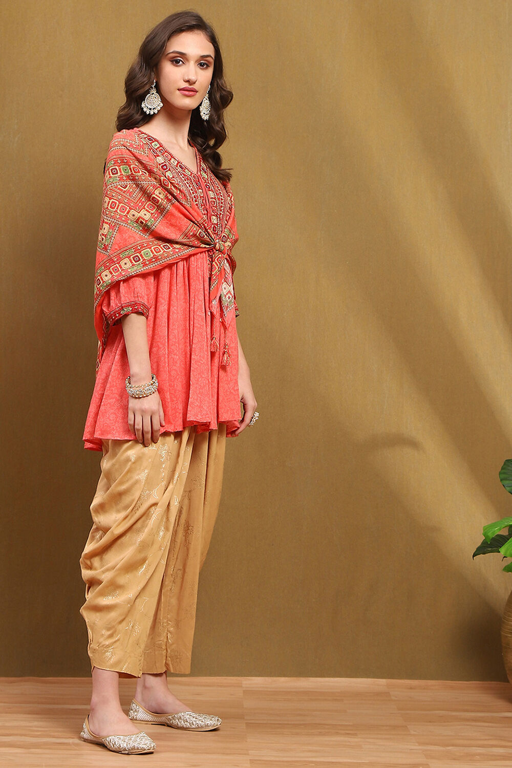 Peach-Toned and Beige Embroidered Peplum Kurta Set image number 5