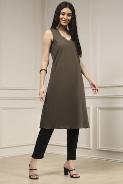 Charcoal-Rust Polyester Straight Printed Kurta image number 5