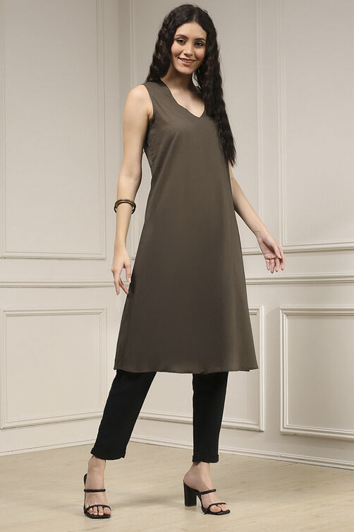 Charcoal-Rust Polyester Straight Printed Kurta image number 5