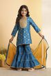 Teal Blue Brocade Yoke Design Short Kurta Set image number 0