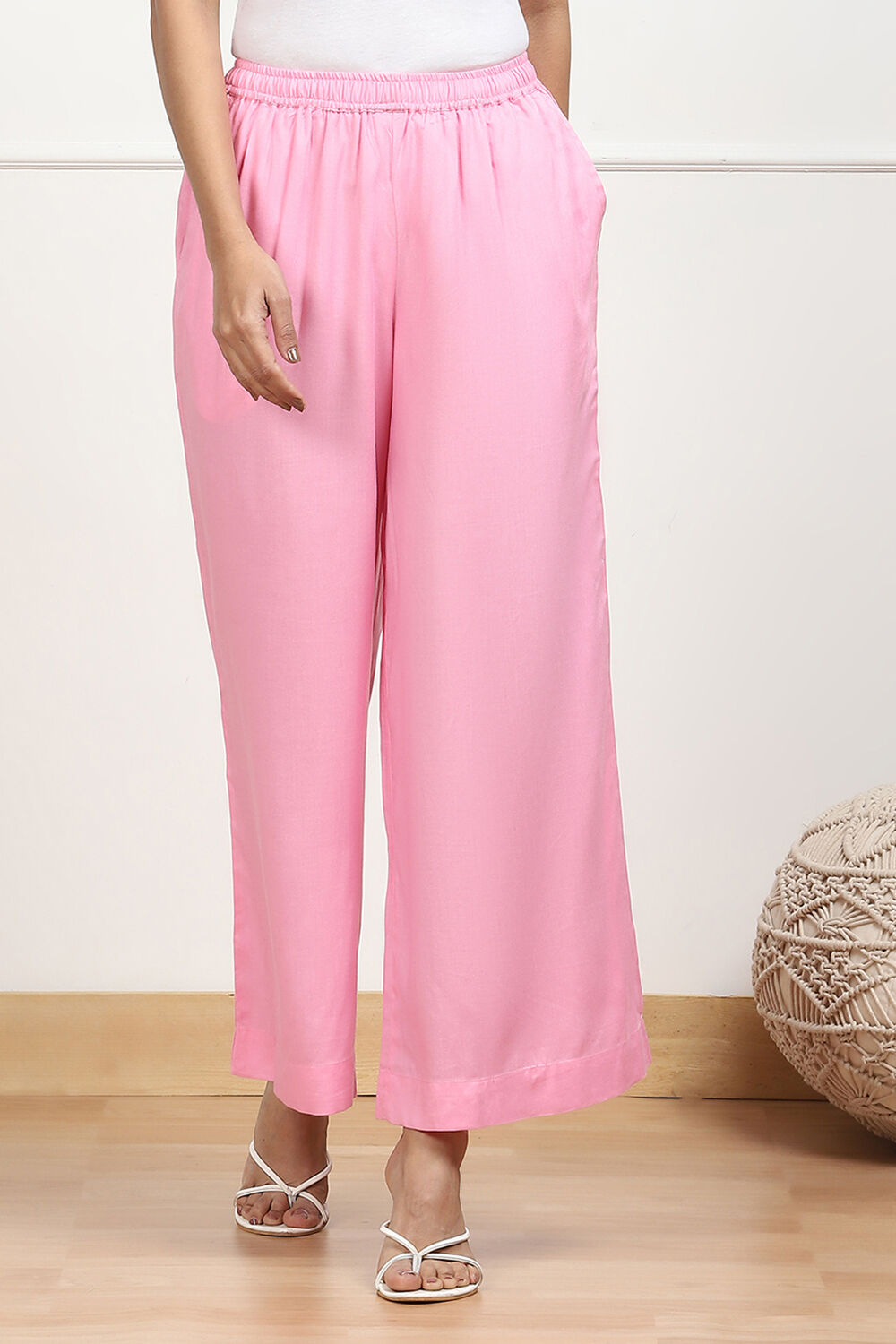 Navy Blue Viscose Solid Straight Palazzos image number 4