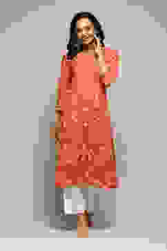 Orange LIVA Straight Printed Kurta image number 5