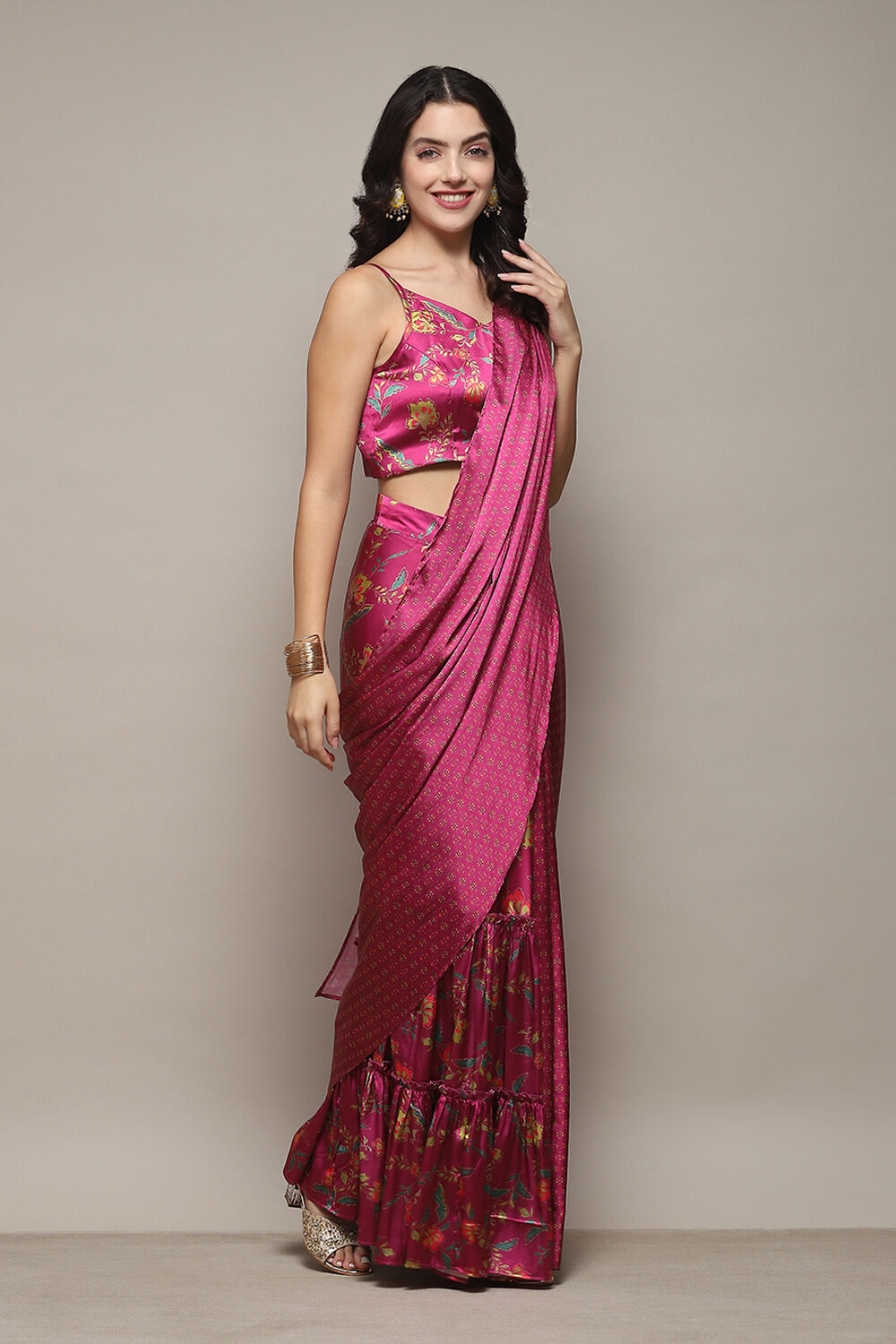 Plum Pre-Draped Saree & A Stitched Blouse With Floral Prints image number 5