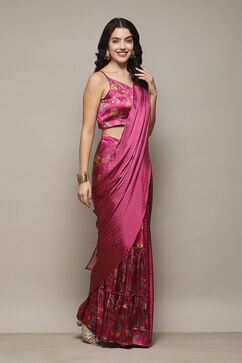 Plum Pre-Draped Saree & A Stitched Blouse With Floral Prints image number 5