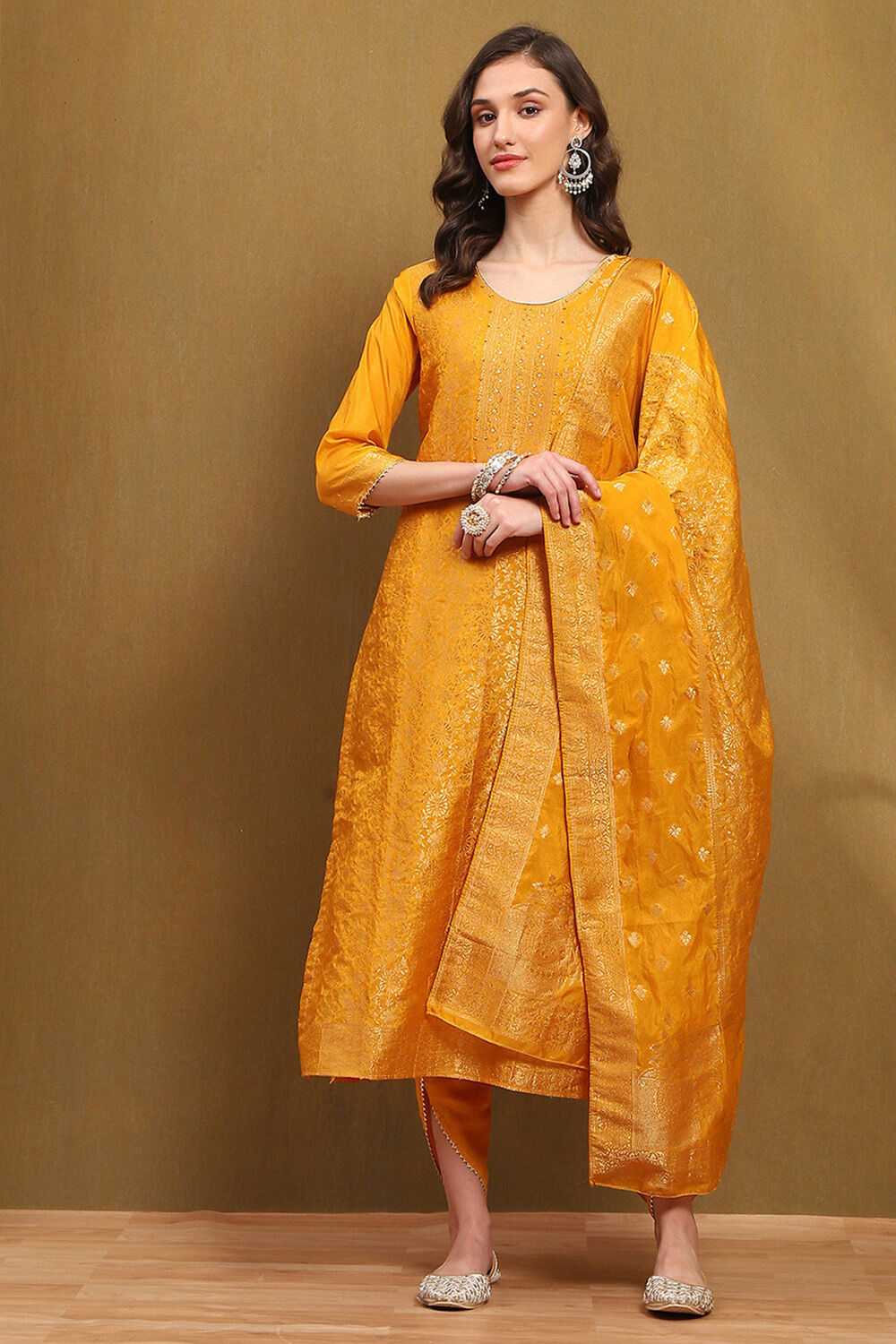 Mustard Yellow Silk Blend Woven Unstitched Suit Set image number 1