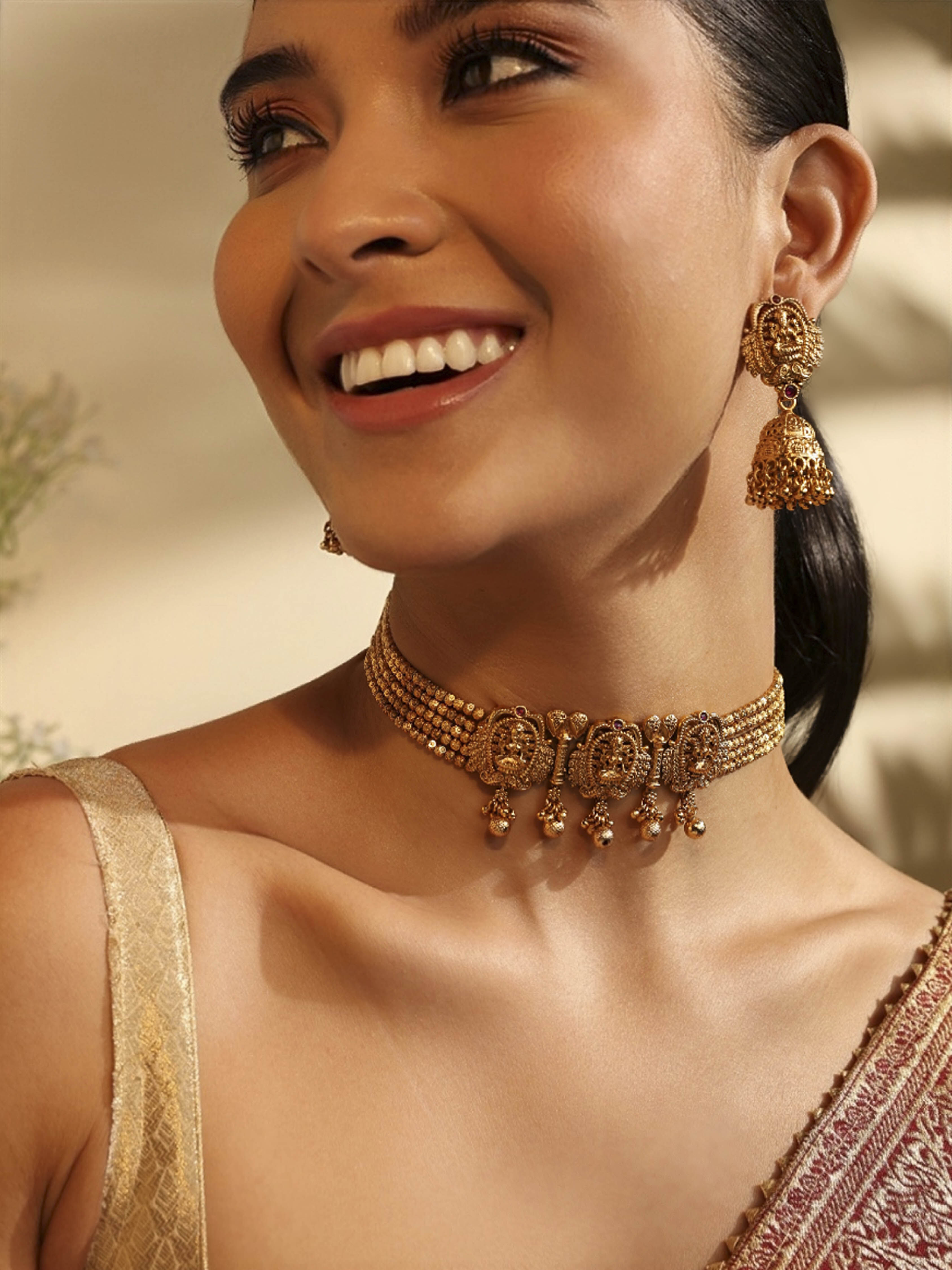 Gold Plated Brass Choker Necklace Set with Jhumka image number 1