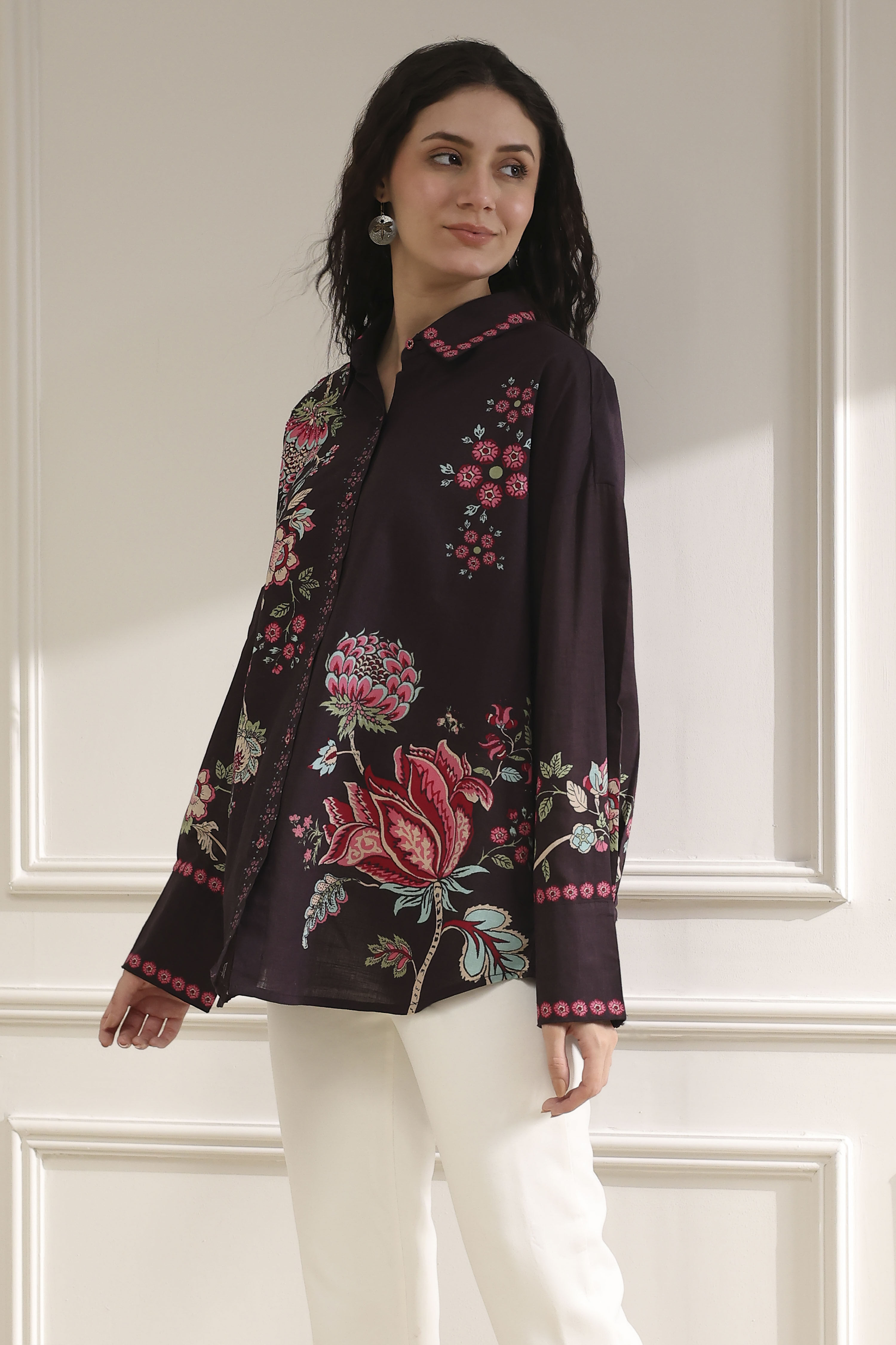 Brown Cotton Floral Printed Shirt image number 2