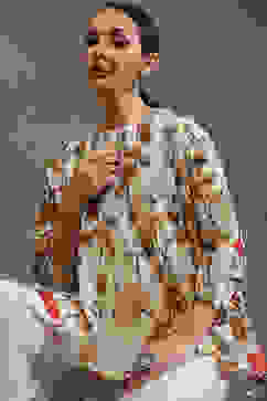 Rohit Bal Cream-Colored Silk Chanderi Floral Printed Gathered Co-ord Set image number 1