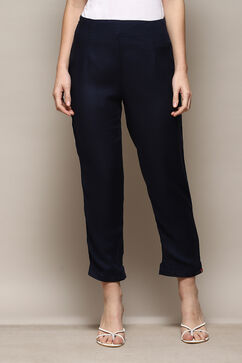 Navy Viscose Slim Solid Pants image number 5