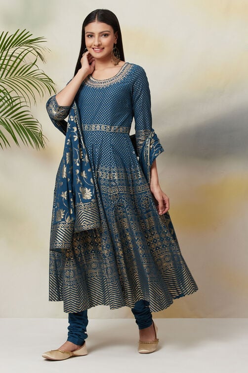 Lime Green Cotton Anarkali Kurta Churidar Suit Set image number 5