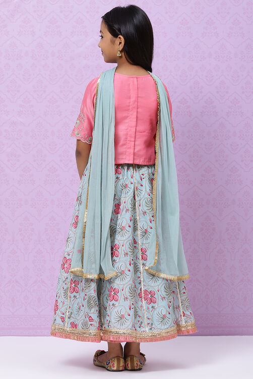 Pink And Turq Straight Poly Cotton Girls Lehenga Set image number 7