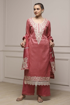 Peach Cotton Blend Thread Embroidered Unstitched Suit Set image number 1