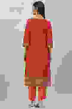 Red & Green LIVA Straight Printed Kurta image number 4