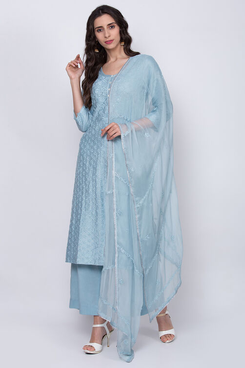 Ice Blue Cotton Silk Chikankari Kurta Palazzo Suit Set image number 2