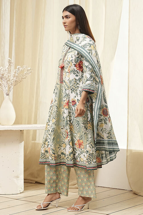 Sage Green Pure Cotton Floral Kalidar Suit Set image number 3