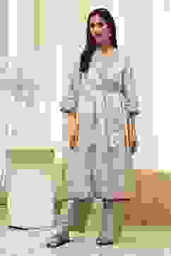 Beige and Green Cotton Angrakha Anarkali Kurta Set image number 6