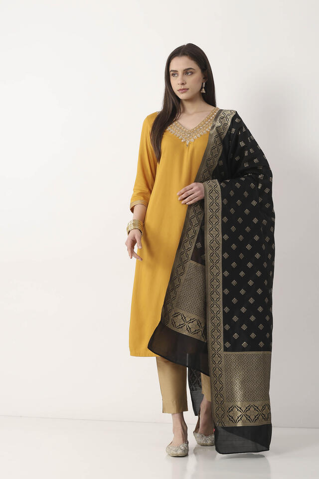 BIBA Green Black Art Silk Dupatta in Green Black