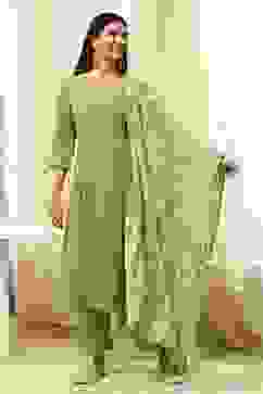 Green Cotton Foil Printed Anarkali Suit Set image number 6