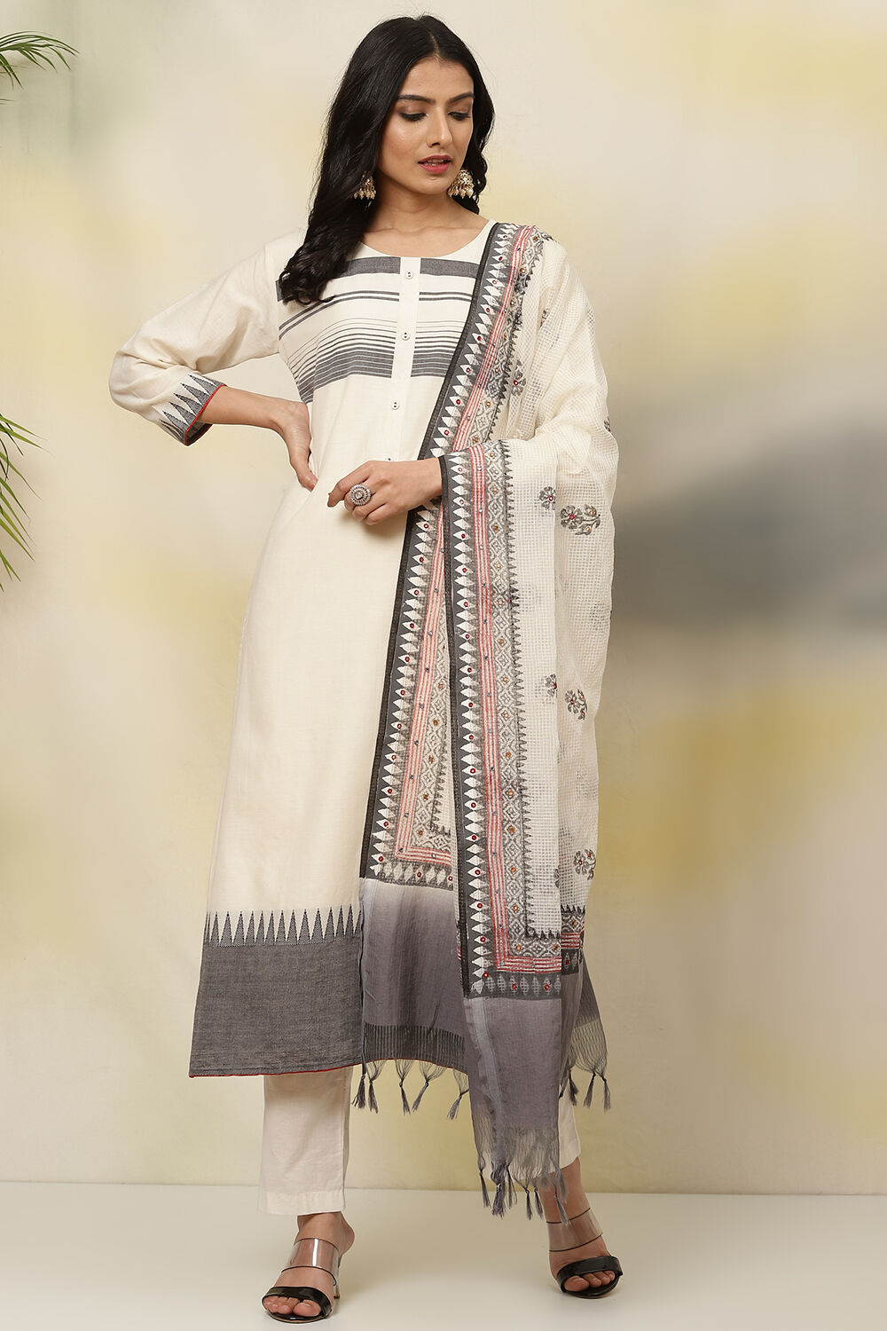 Off White Cotton Handloom Unstitched Suit Set image number 0