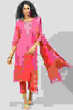 Fuschia Cotton Straight Kurta Slim Pant Suit Set image number 7