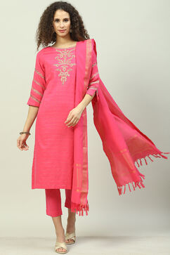 Fuschia Cotton Straight Kurta Slim Pant Suit Set image number 7