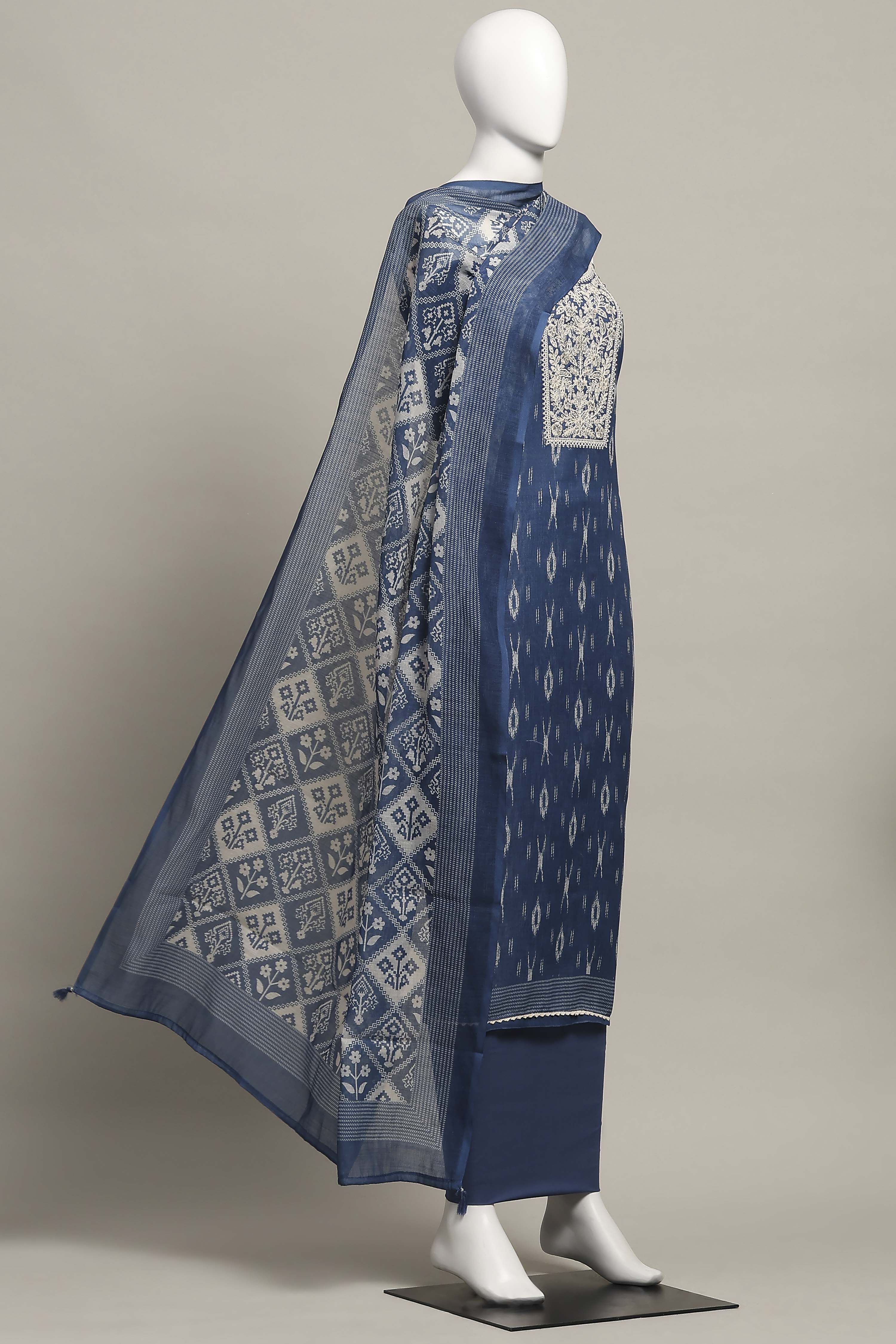 Blue Linen Royal-Ikkat  Buti Print Unstitched Suit Set image number 4