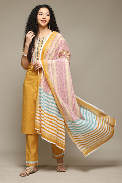 Yellow Cotton Straight Kurta Pants Suit Set image number 0