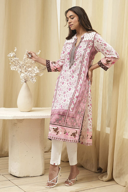 Peach Rayon A-Line Printed Kurta image number 0