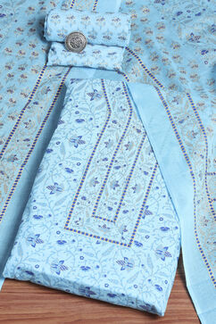 Blue Cotton Screen Print Unstitched Suit Set image number 0