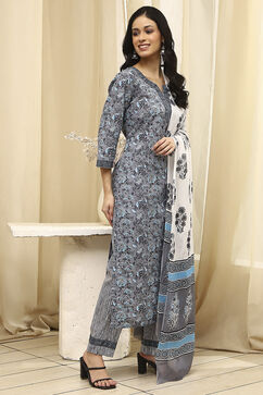 Grey Cotton Screen Print Unstitched Suit Set image number 5