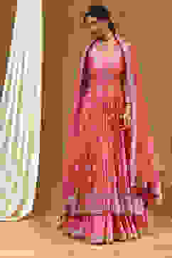 Coral-Pink Polyester Blend Anarkali Lehenga Set image number 4