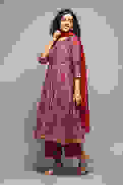 Red Poly Viscose Anarkali Kurta Palazzo Suit Set image number 4